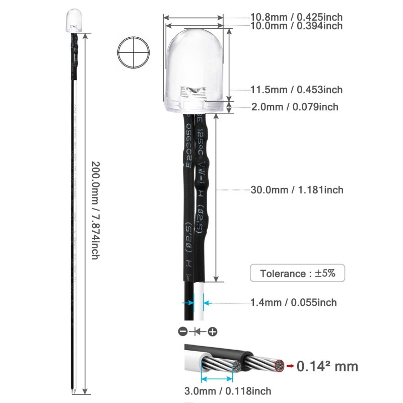 Diodo LED feixe de luz 10mm, 9–12V, pré-cabeado